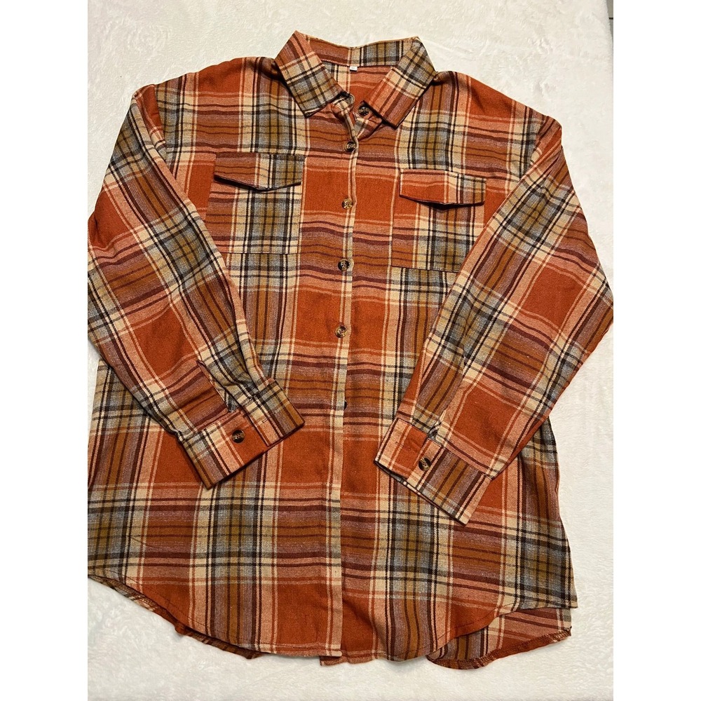 Rust Orange Plaid Flannel Button Down Shirt Women XL Long Sleeve Chest Pockets